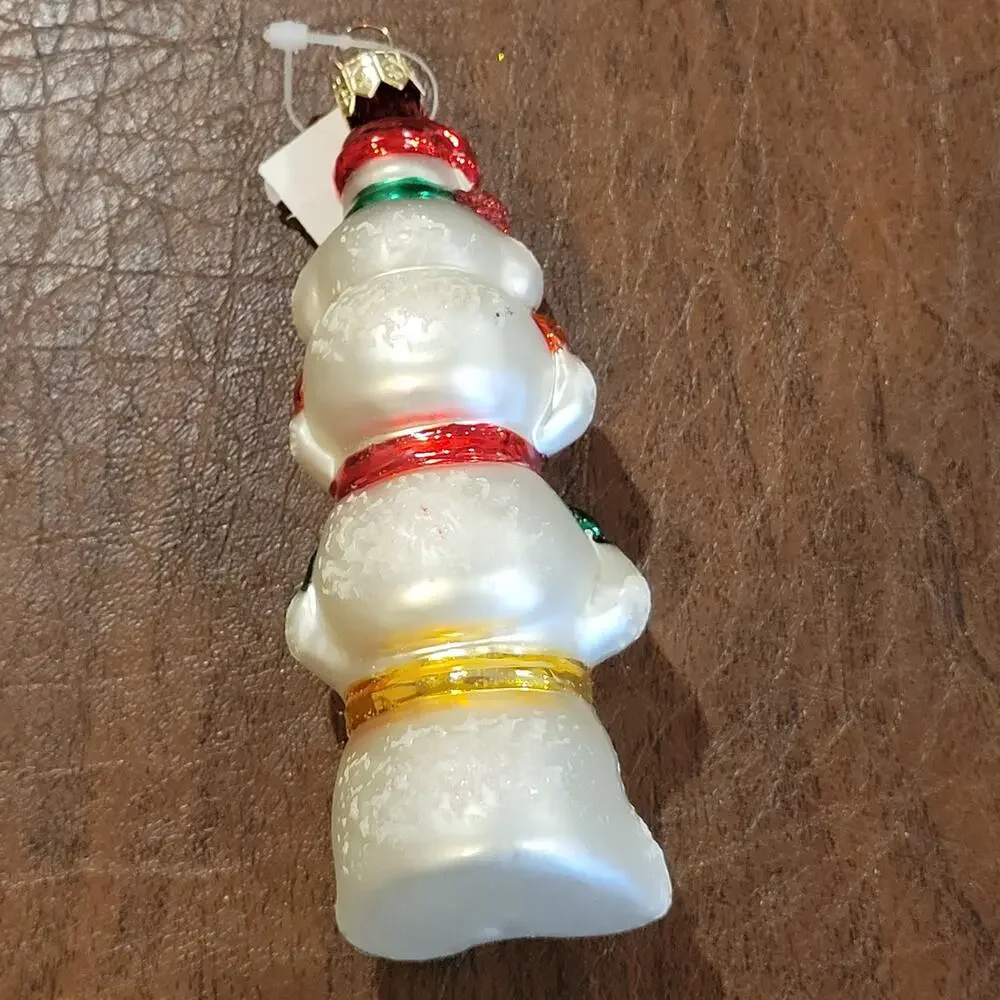 Vintage Snowman Stack Totem Pole Blown Glass Christmas Ornament Made in Poland